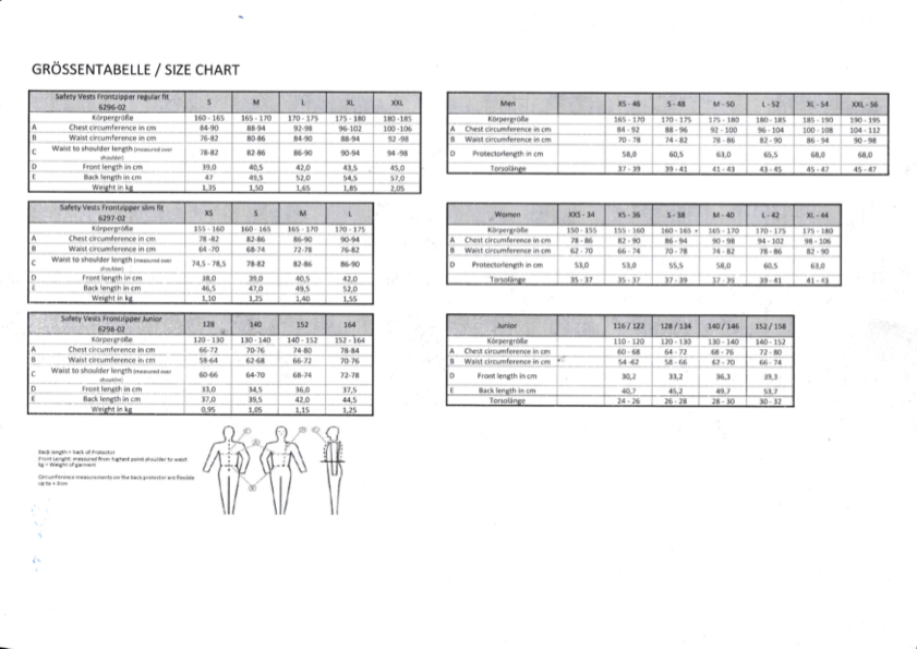 Grössentabelle Komperdell Sicherheitsweste